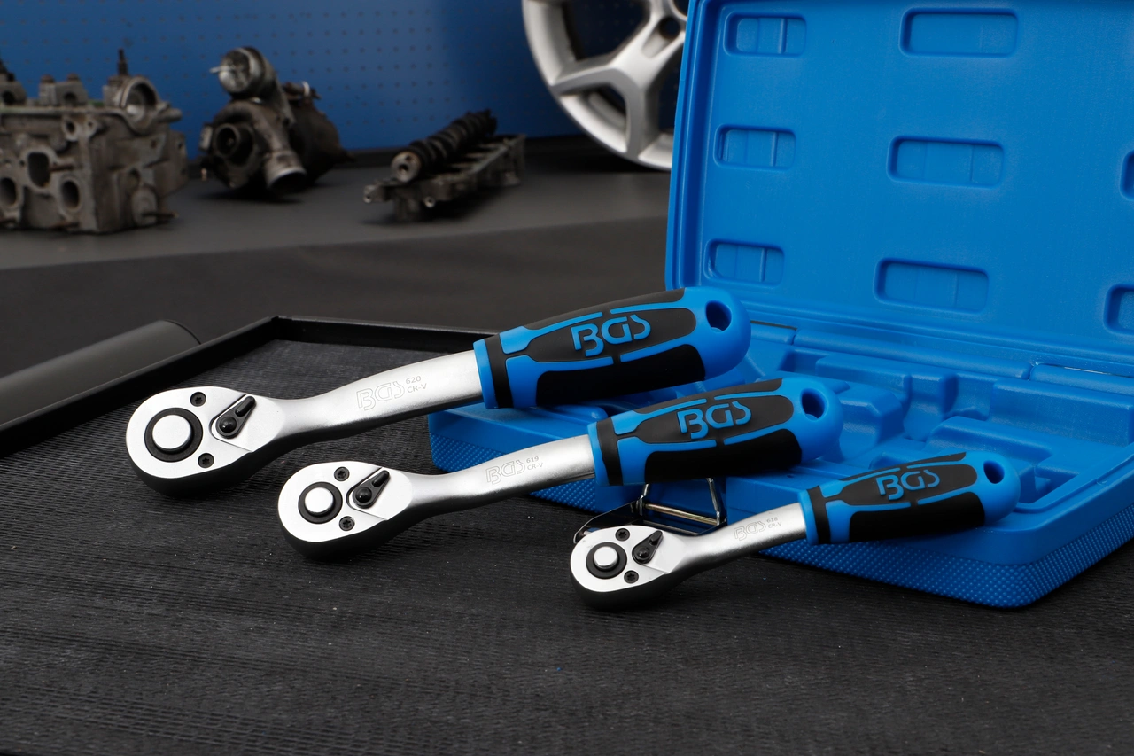 Omställbart Spärrhandtag-sats | Fintandad | 6,3 mm (1/4"), 10 mm (3/8"), 12,5 mm (1/2") | 3 delar