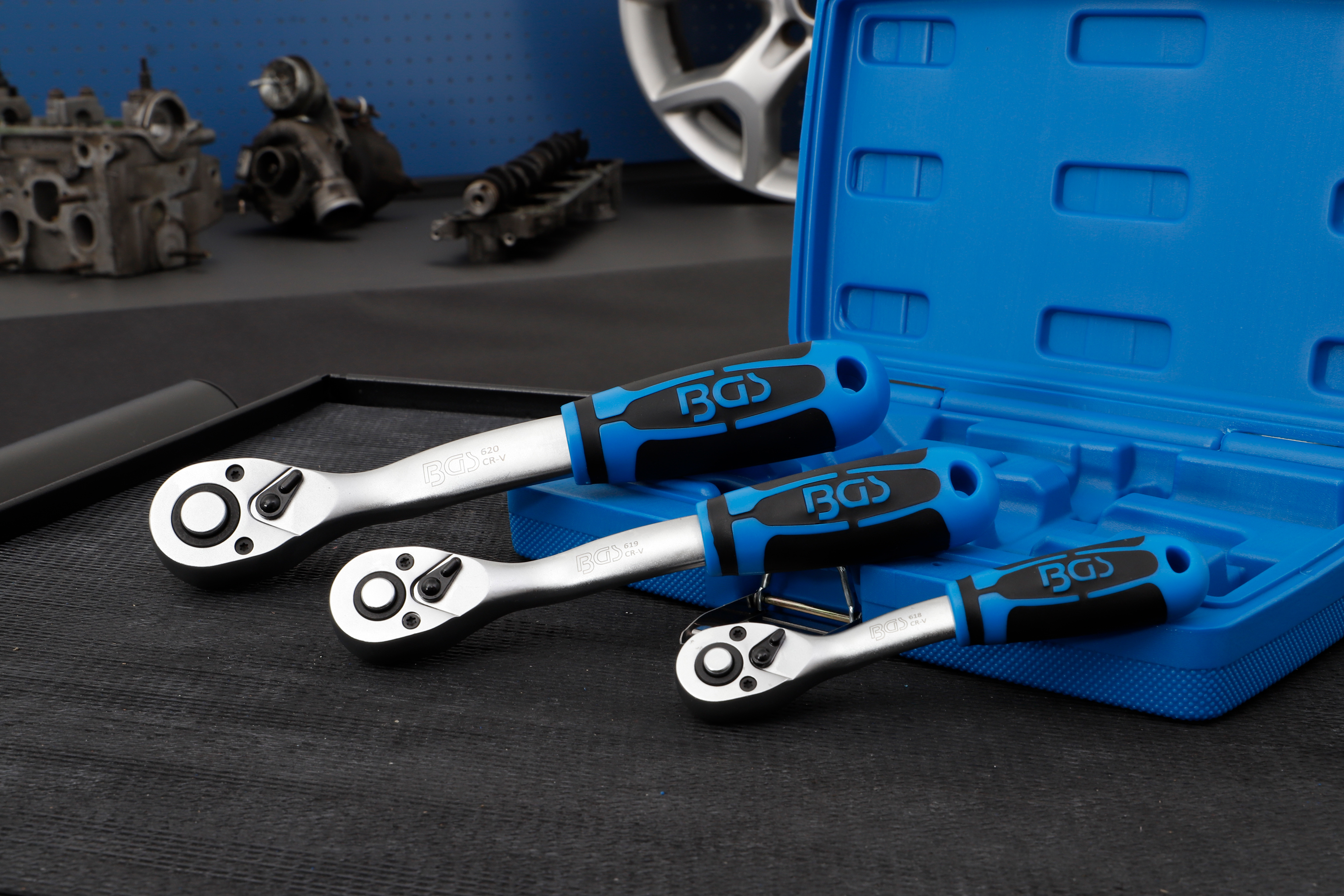 Omställbart Spärrhandtag-sats | Fintandad | 6,3 mm (1/4"), 10 mm (3/8"), 12,5 mm (1/2") | 3 delar