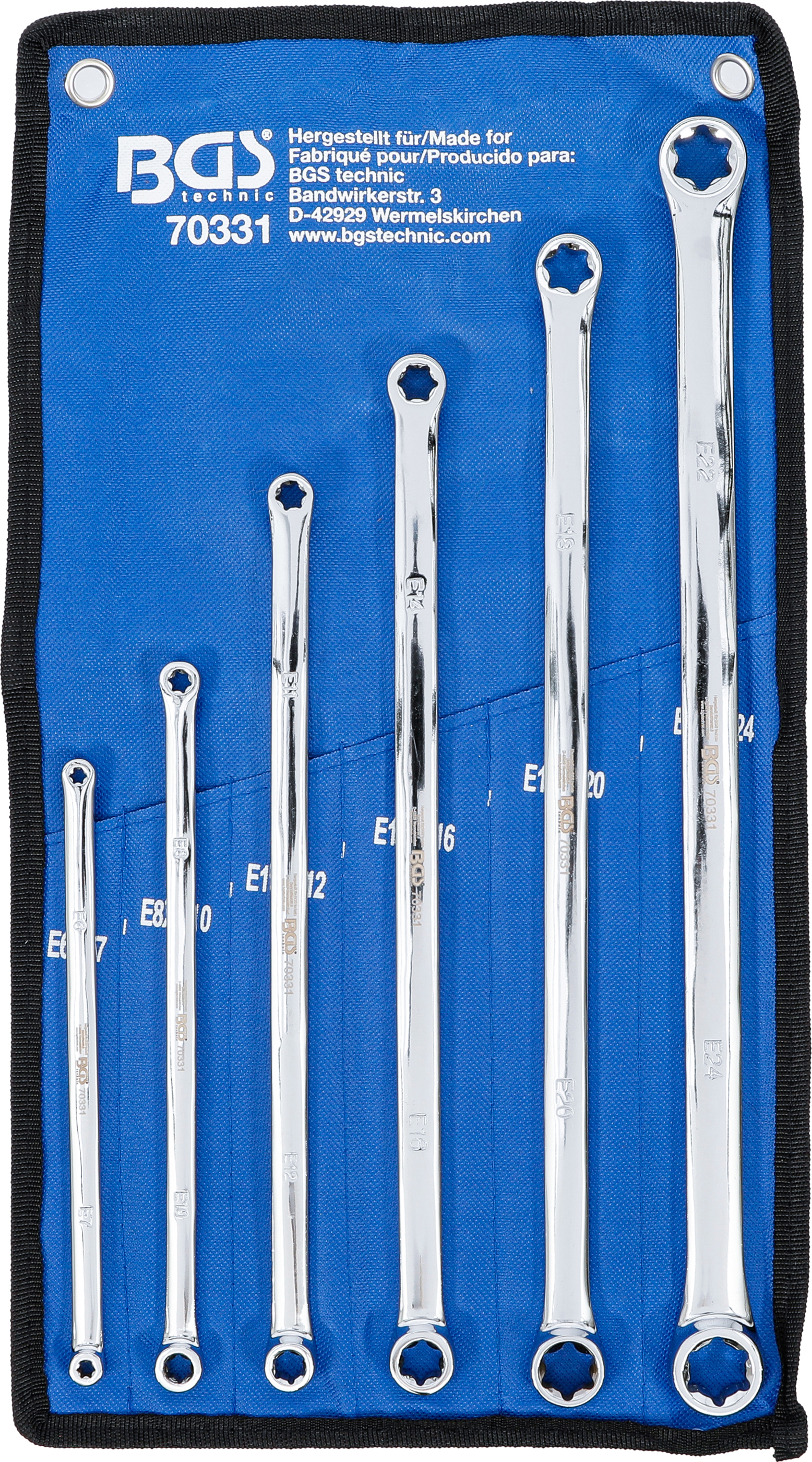 Dubbel-ringnyckel-sats med E-profil-ringar | extra lång | E6 x E7 - E22 x E24 | 6 delar