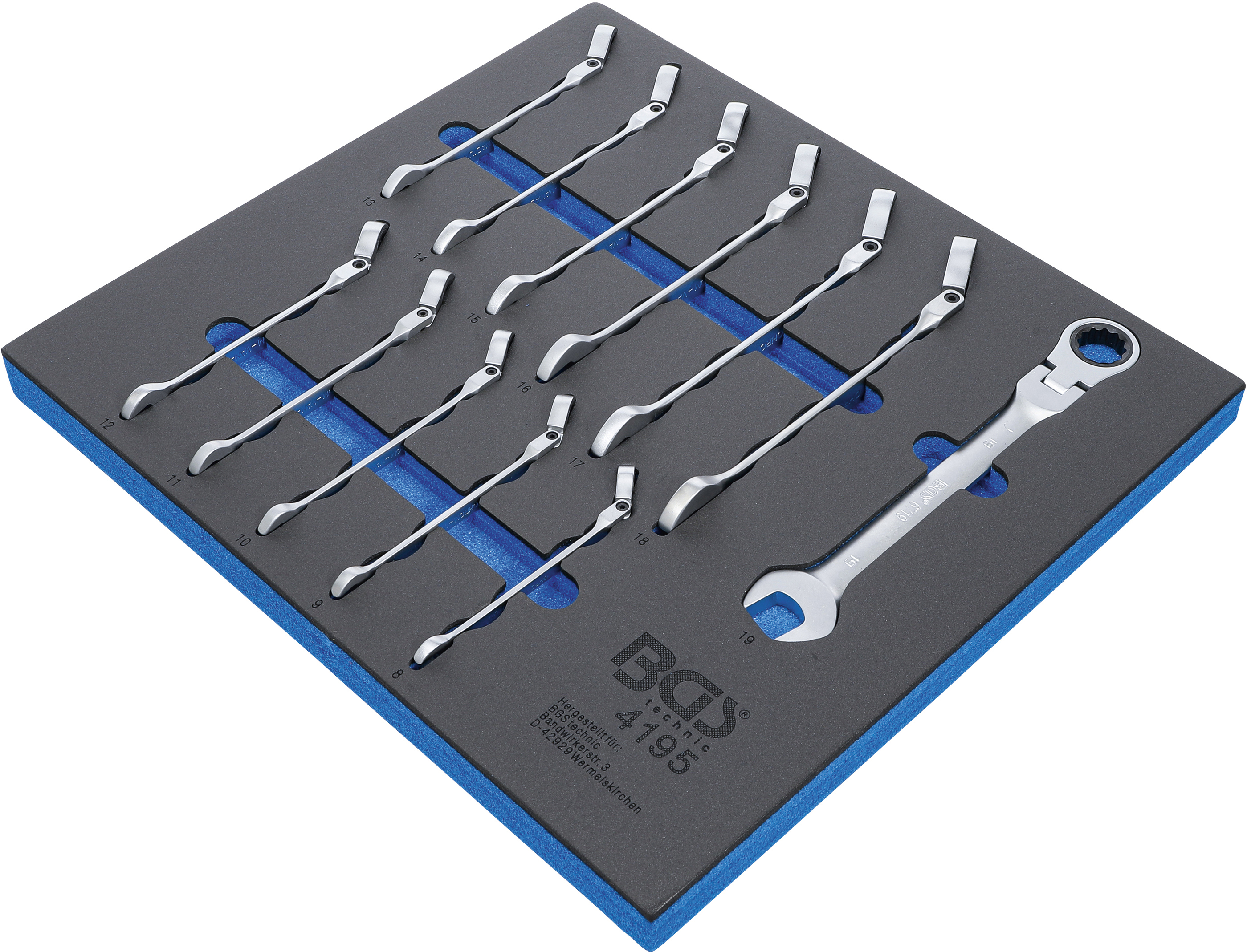 Verkstadsvagninlägg 2/3: Spärr-Ring-U-nyckel | vinkelbar | 8 - 19 mm | 12 delar