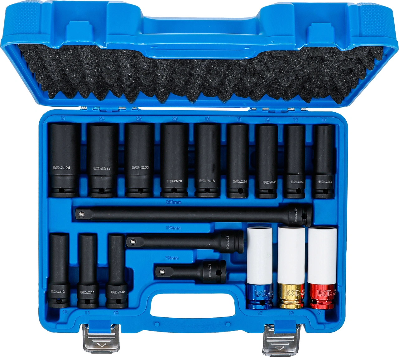 Kraft-hylsnyckel- och skoninsats-sats | Sexkant | 12,5 mm (1/2") | 10 - 24 mm | 18 delar