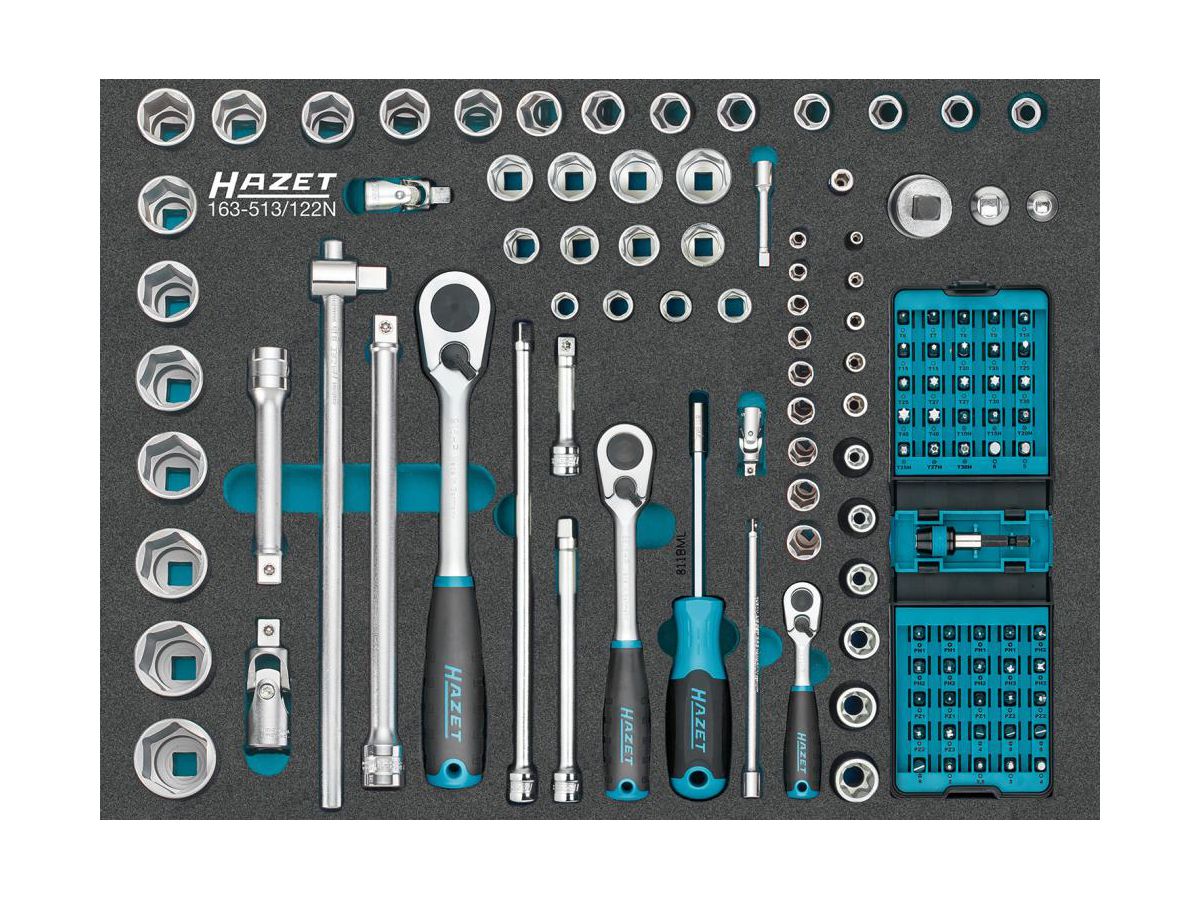 Verktygsinsats 163-513/122N,  3/3, Hylsnyckelsats 1/2"+3/8"+1/4"